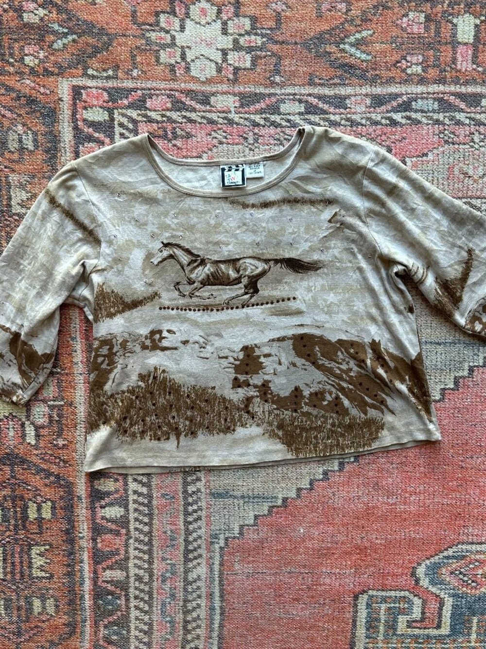 Vintage 90s/Y2K Scenic Horse Top – Beaded Western Graphic Crop Tee